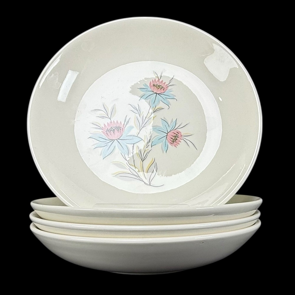 Steubenville Pottery Fairlane Coupe Soup Bowls 8" Blue and Pink Floral Set Of 4